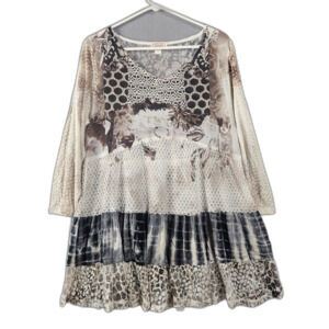 Kamana L Boho Sheer Mesh Tunic Top Lace Pannels Tiered Scoop-Neck Blouse